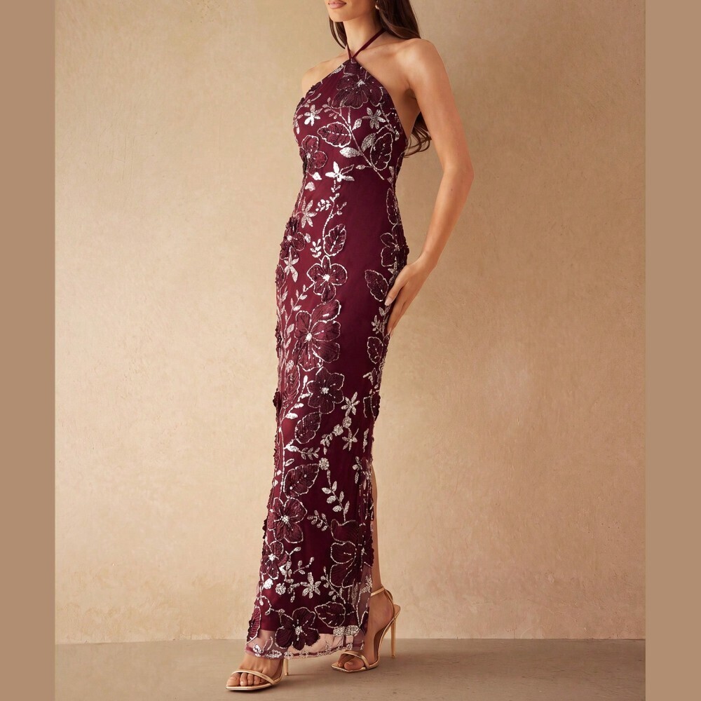 Burgundy Sequin Floral Halter Maxi Dress With Side Slit
